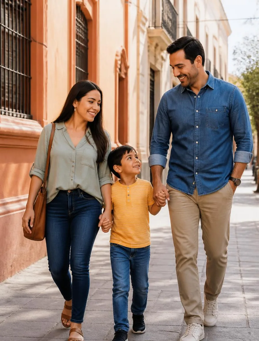 Familia latinoamericana paseando por una calle de España
